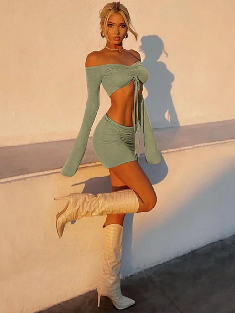 Mozision Sexy Two Piece Set Women Outfit Green Strapless Full Sleeve Crop Top And Mini Skirt Matching Sets Female Dress Set