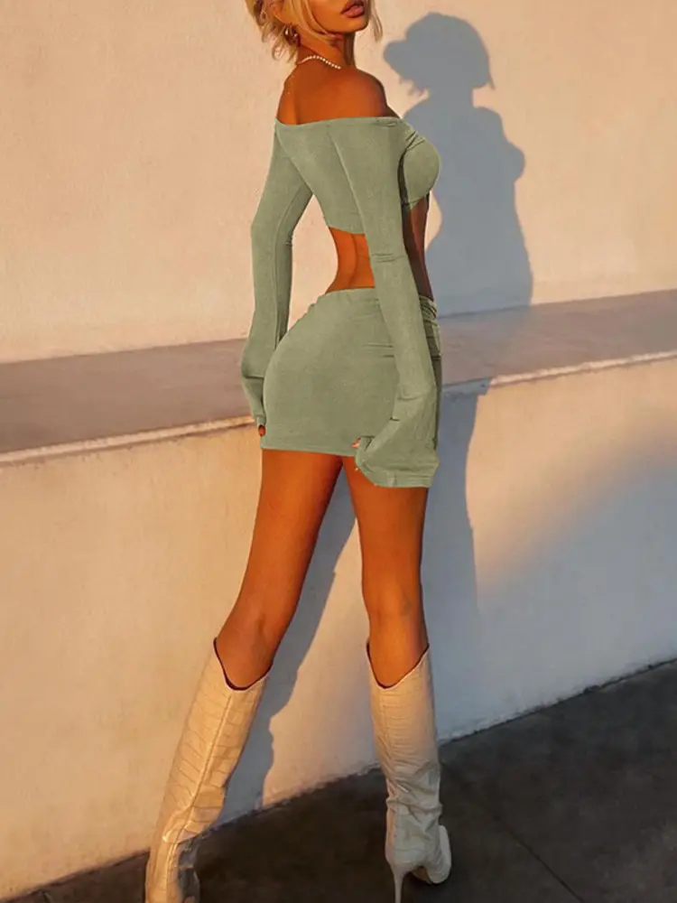 Mozision Sexy Two Piece Set Women Outfit Green Strapless Full Sleeve Crop Top And Mini Skirt Matching Sets Female Dress Set