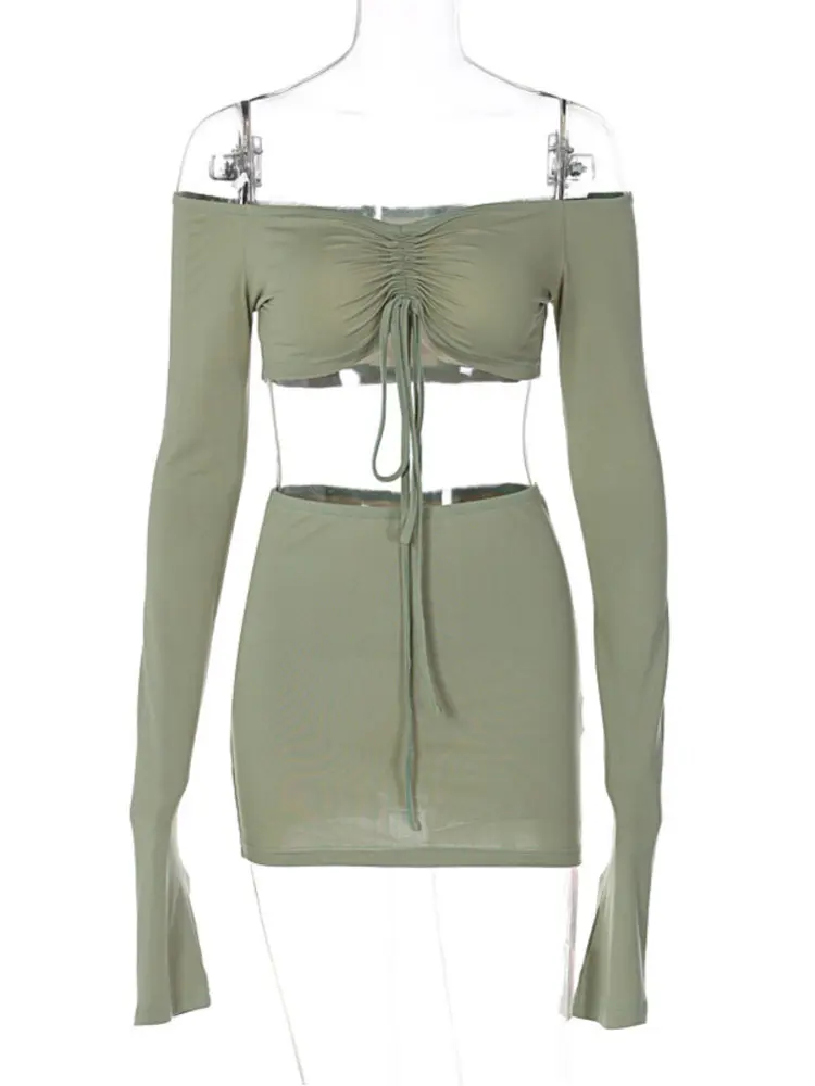 Mozision Sexy Two Piece Set Women Outfit Green Strapless Full Sleeve Crop Top And Mini Skirt Matching Sets Female Dress Set