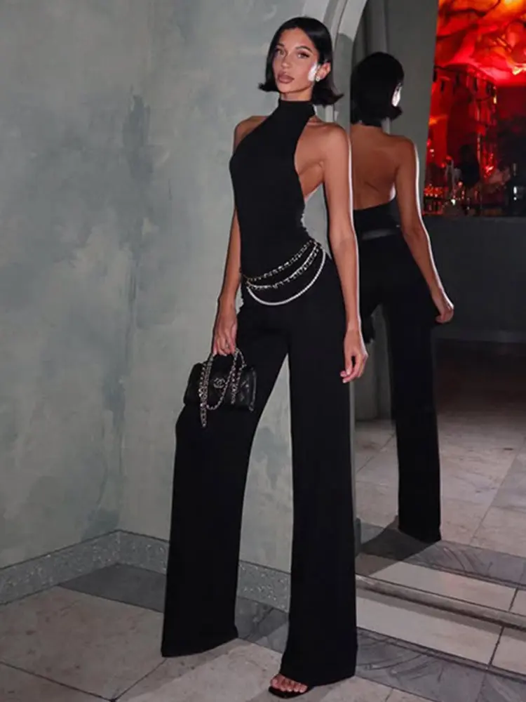 Mozision Black Backless Sexy 2 Piece Sets Women Halter Sleeveless Tops And Flare Pants Ladies Fashion Club Sexy Two Piece Sets