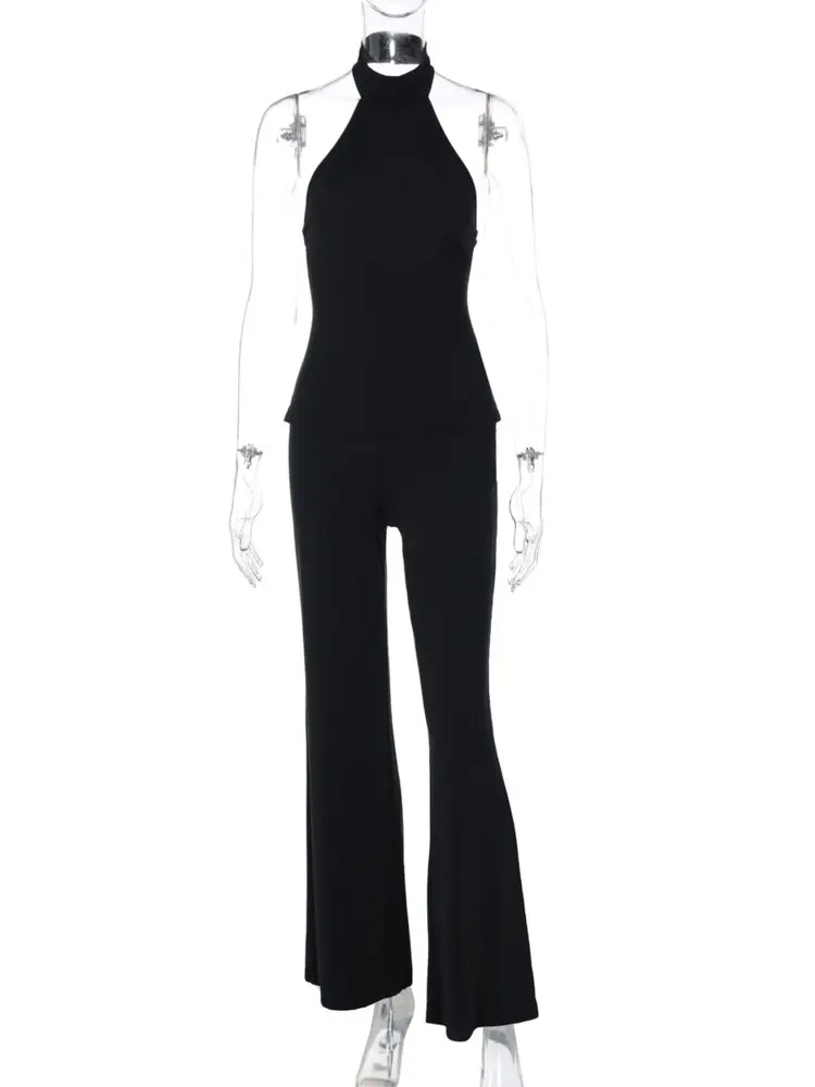 Mozision Black Backless Sexy 2 Piece Sets Women Halter Sleeveless Tops And Flare Pants Ladies Fashion Club Sexy Two Piece Sets