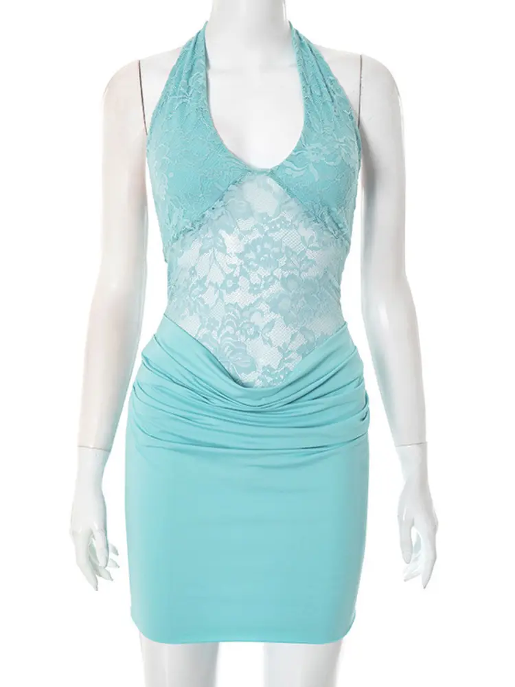 Mozision Halter Lace Sexy Mini Dress For Women Robe Fashion Patchwork Sleeveless Backless Ruched Club Party Dresses Female Robe