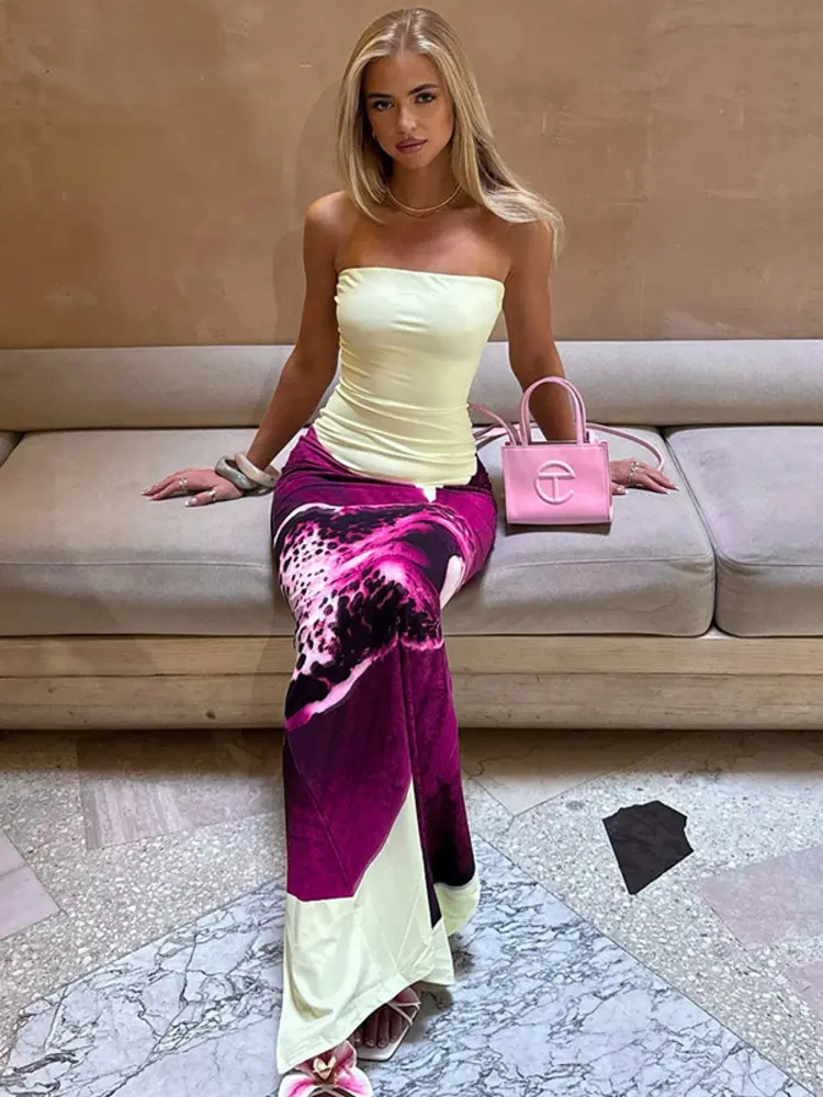 Mozision Off-shoulder Strapless Print Sexy Maxi Dress Women Fashion Patchwork Sleeveless Backless Bodycon Club Party Long Dress