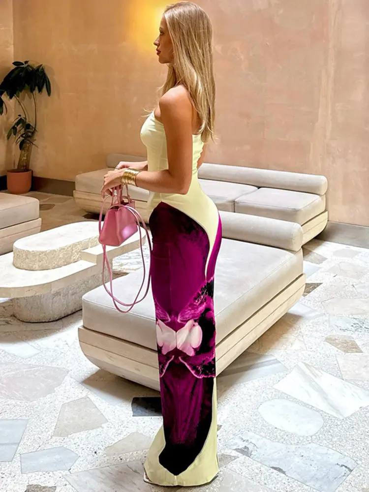 Mozision Off-shoulder Strapless Print Sexy Maxi Dress Women Fashion Patchwork Sleeveless Backless Bodycon Club Party Long Dress