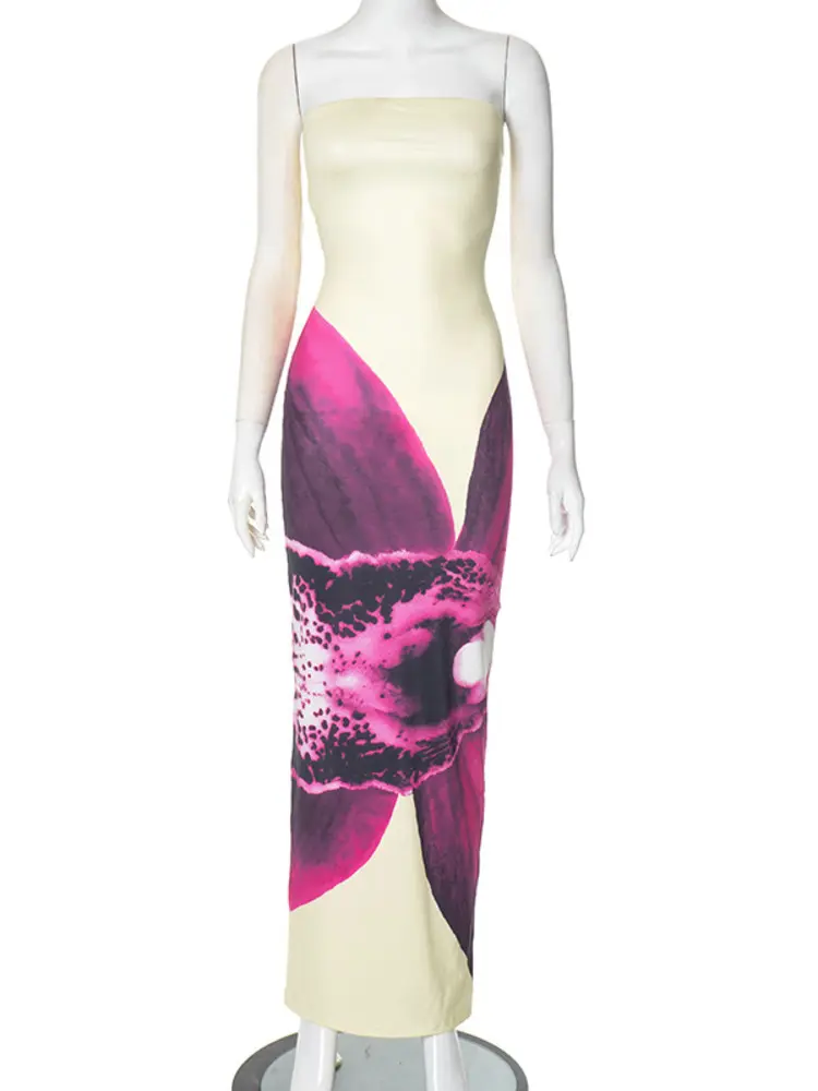 Mozision Off-shoulder Strapless Print Sexy Maxi Dress Women Fashion Patchwork Sleeveless Backless Bodycon Club Party Long Dress