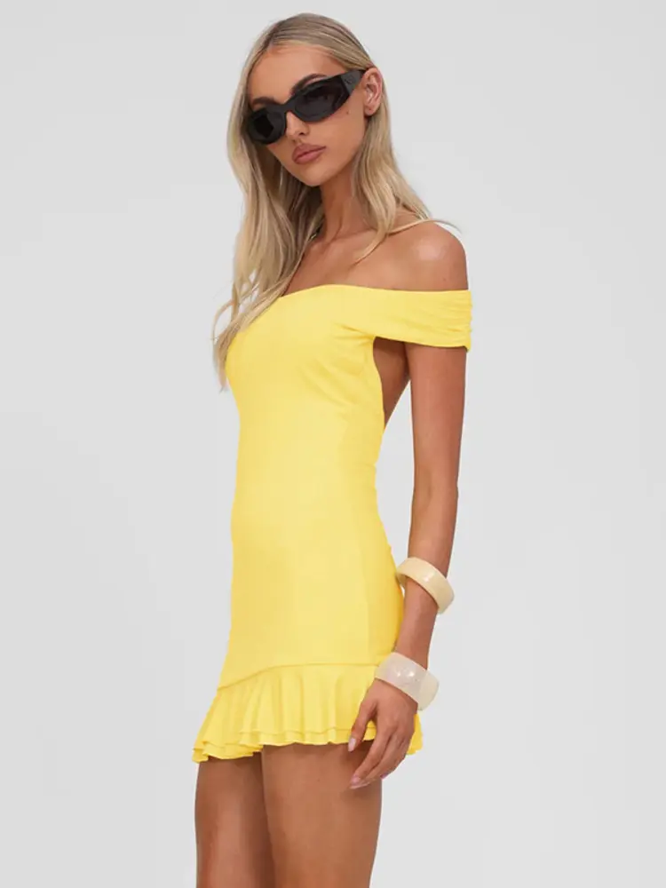 Mozision Off-shoulder Strapless Sexy Mini Dress For Women Yellow Sleeveless Backless High Waist Ruffle Club Party Dresses Female