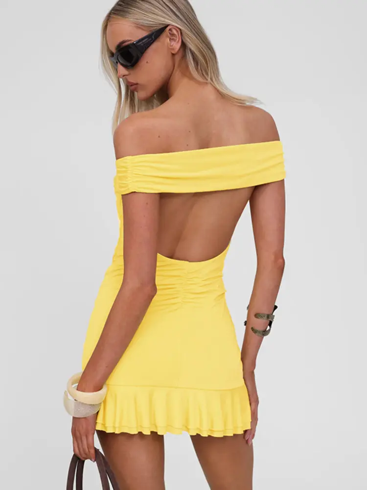 Mozision Off-shoulder Strapless Sexy Mini Dress For Women Yellow Sleeveless Backless High Waist Ruffle Club Party Dresses Female