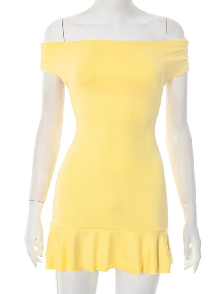Mozision Off-shoulder Strapless Sexy Mini Dress For Women Yellow Sleeveless Backless High Waist Ruffle Club Party Dresses Female