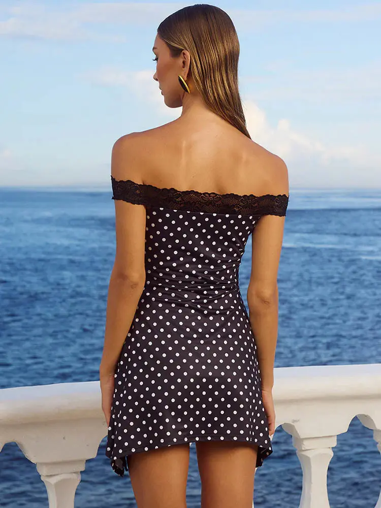 Mozision Polka Dot Off-shoulder Sexy Mini Dress Women Robe Fashion Lace Strapless Sleeveless Backless Bodycon Club Dress New