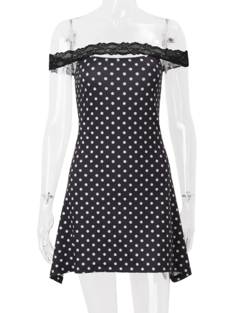 Mozision Polka Dot Off-shoulder Sexy Mini Dress Women Robe Fashion Lace Strapless Sleeveless Backless Bodycon Club Dress New