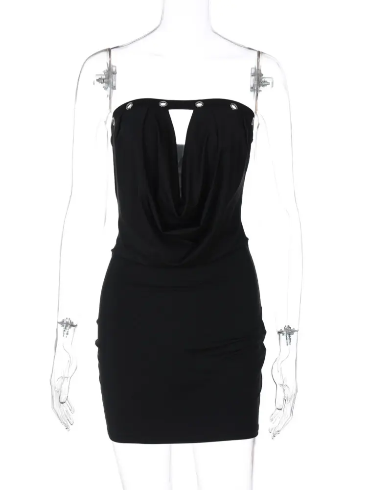 Mozision Hollow Out Off-shoulder Sexy Mini Dress Women Black Strapless V Neck Lace-up Backless Ruched Club Party Dresses Female