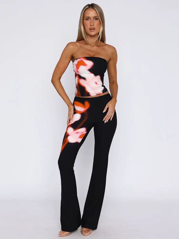 Mozision Print Long Pants Sets Women Off-shoulder Strapless Crop Top And Trouser Female Matching Set Elegant Flare Pant Set