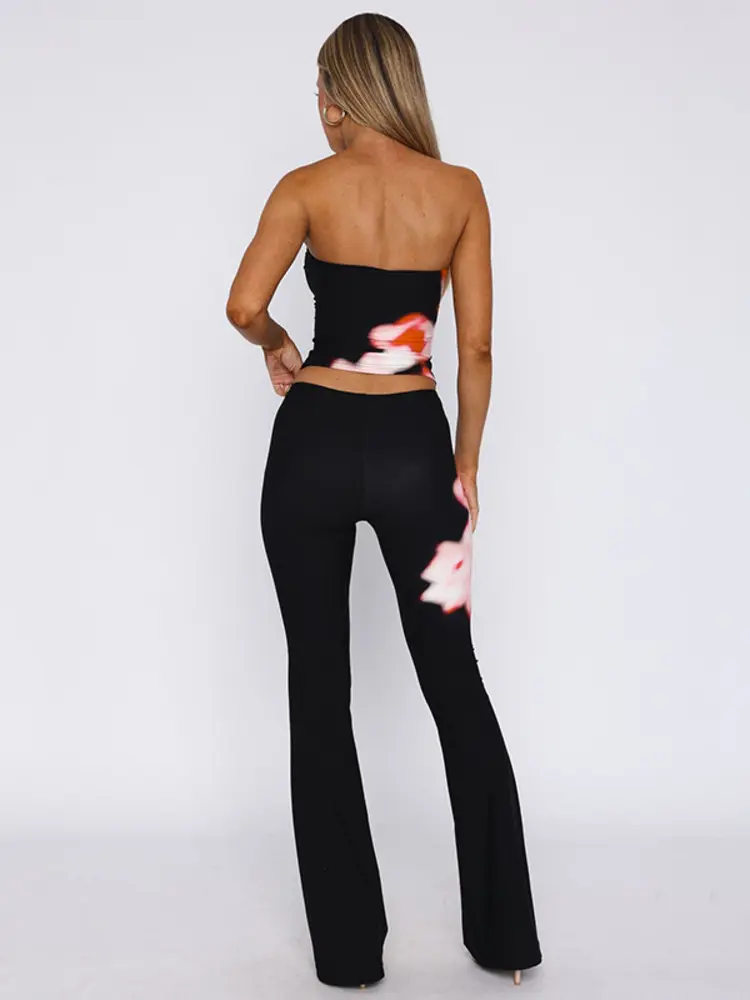 Mozision Print Long Pants Sets Women Off-shoulder Strapless Crop Top And Trouser Female Matching Set Elegant Flare Pant Set