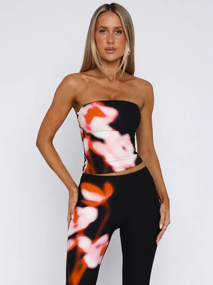 Mozision Print Long Pants Sets Women Off-shoulder Strapless Crop Top And Trouser Female Matching Set Elegant Flare Pant Set