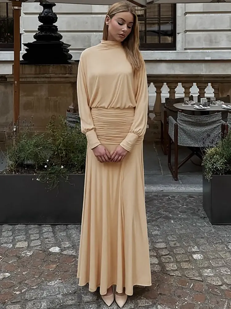 Mozision Autumn Long Sleeve Sexy Maxi Dress For Women Fashion Khaki Half High Collar High Waist Ruched Club Party Long Dresses