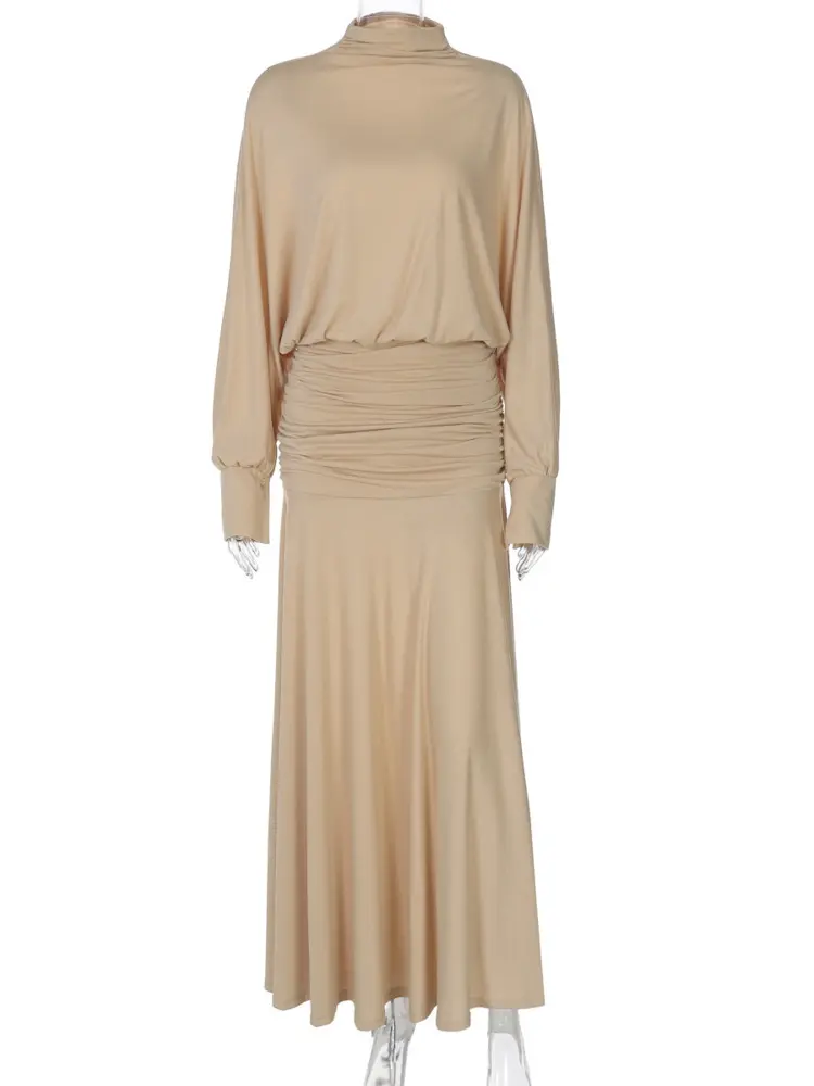 Mozision Autumn Long Sleeve Sexy Maxi Dress For Women Fashion Khaki Half High Collar High Waist Ruched Club Party Long Dresses