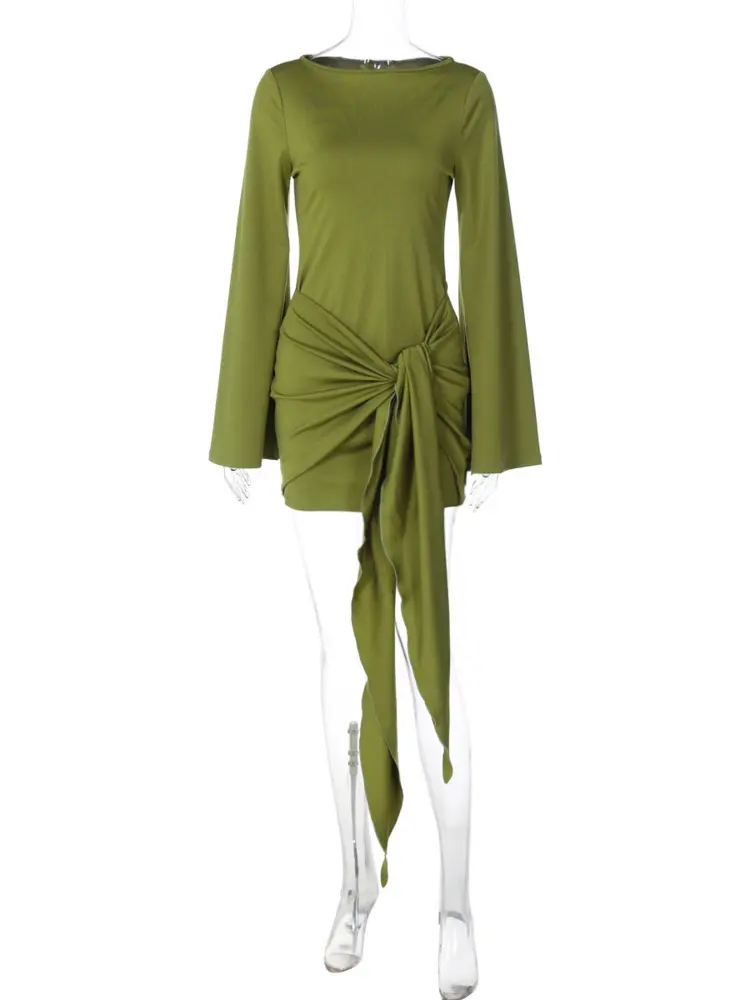 Mozision Long Sleeve Draped Ruched Sexy Mini Dress Women Autumn Winter New O Neck High Waist Bodycon Club Party Dress Female