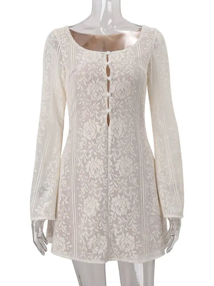 Mozision Lace Long Sleeve Sexy Mini Dress Women Autumn Winter New O Neck Single-breasted High Waist Club Party Dress Elegant