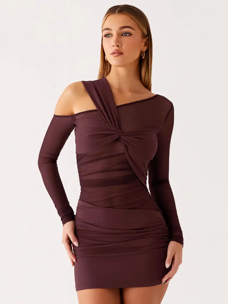 Mozision Inclined Shoulder Long Sleeve Sexy Mini Dress Women Fashion Mesh See Through Backless Ruched Club Party Dresses Female