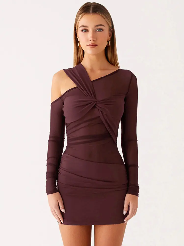 Mozision Inclined Shoulder Long Sleeve Sexy Mini Dress Women Fashion Mesh See Through Backless Ruched Club Party Dresses Female
