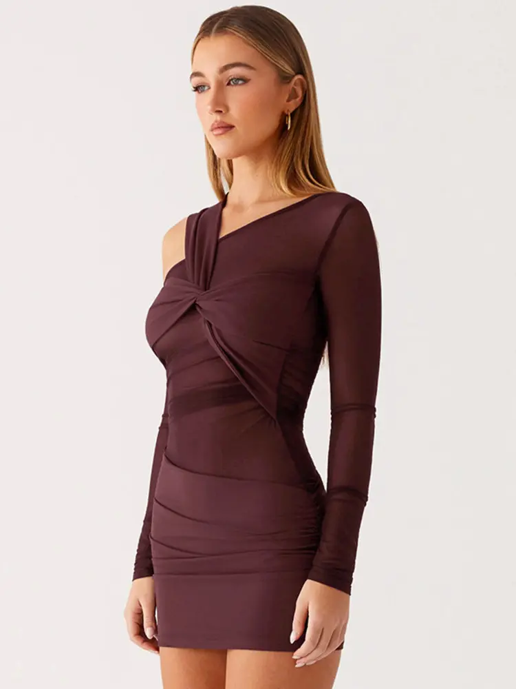 Mozision Inclined Shoulder Long Sleeve Sexy Mini Dress Women Fashion Mesh See Through Backless Ruched Club Party Dresses Female