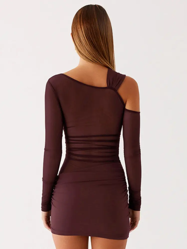 Mozision Inclined Shoulder Long Sleeve Sexy Mini Dress Women Fashion Mesh See Through Backless Ruched Club Party Dresses Female