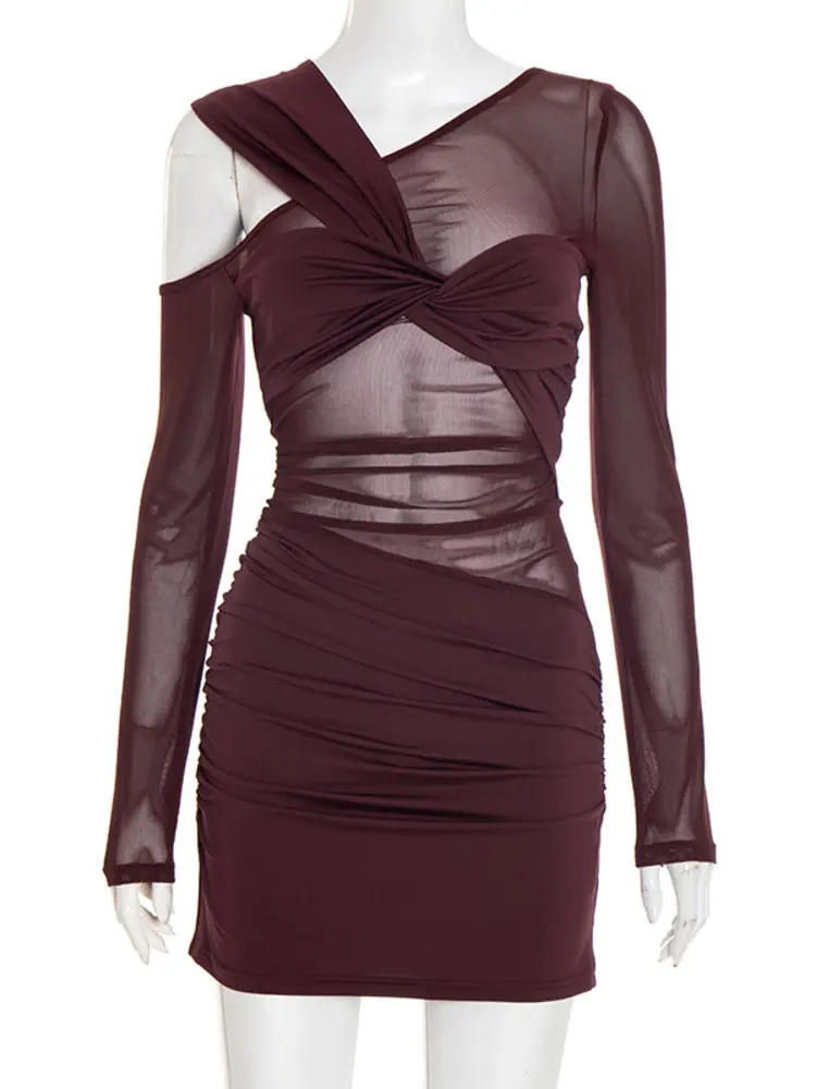 Mozision Inclined Shoulder Long Sleeve Sexy Mini Dress Women Fashion Mesh See Through Backless Ruched Club Party Dresses Female