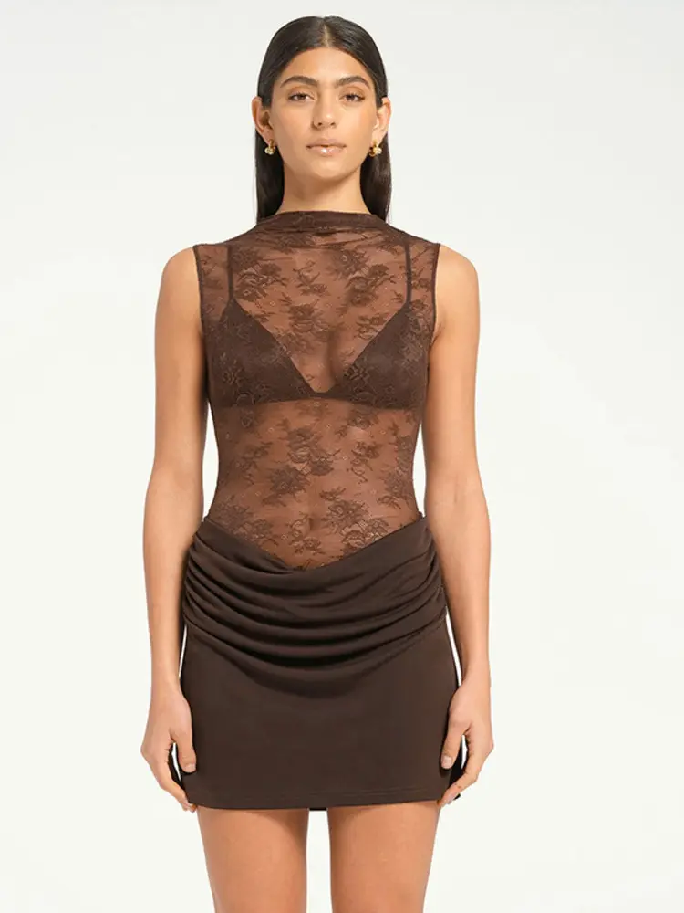 Mozision Lace See Through Sexy Mini Dress Women Robe Fashion Elegant Sleeveless Skinny Ruched Club Party Dress Female Clothes