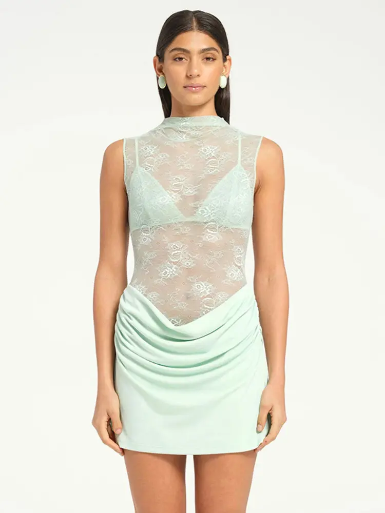 Mozision Lace See Through Sexy Mini Dress Women Robe Fashion Elegant Sleeveless Skinny Ruched Club Party Dress Female Clothes