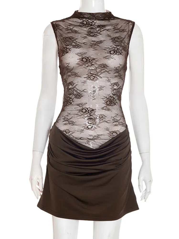 Mozision Lace See Through Sexy Mini Dress Women Robe Fashion Elegant Sleeveless Skinny Ruched Club Party Dress Female Clothes