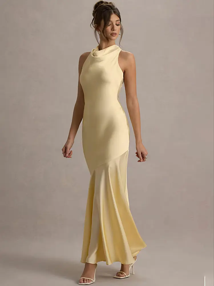 Mozision Satin Cowl Neck Sexy Maxi Dress Women Gown Fashion Elegant Sleeveless Backless Pleated Club Party Long Dress Female