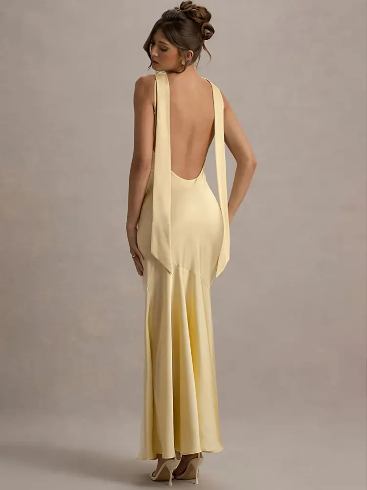 Mozision Satin Cowl Neck Sexy Maxi Dress Women Gown Fashion Elegant Sleeveless Backless Pleated Club Party Long Dress Female