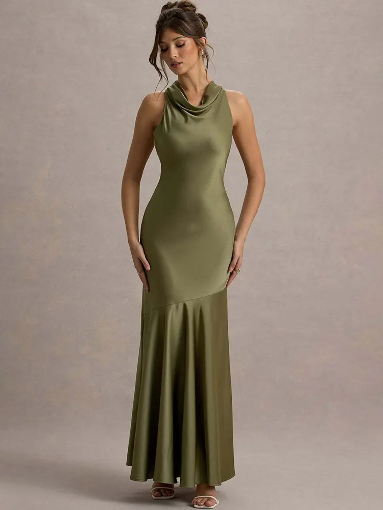 Mozision Satin Cowl Neck Sexy Maxi Dress Women Gown Fashion Elegant Sleeveless Backless Pleated Club Party Long Dress Female