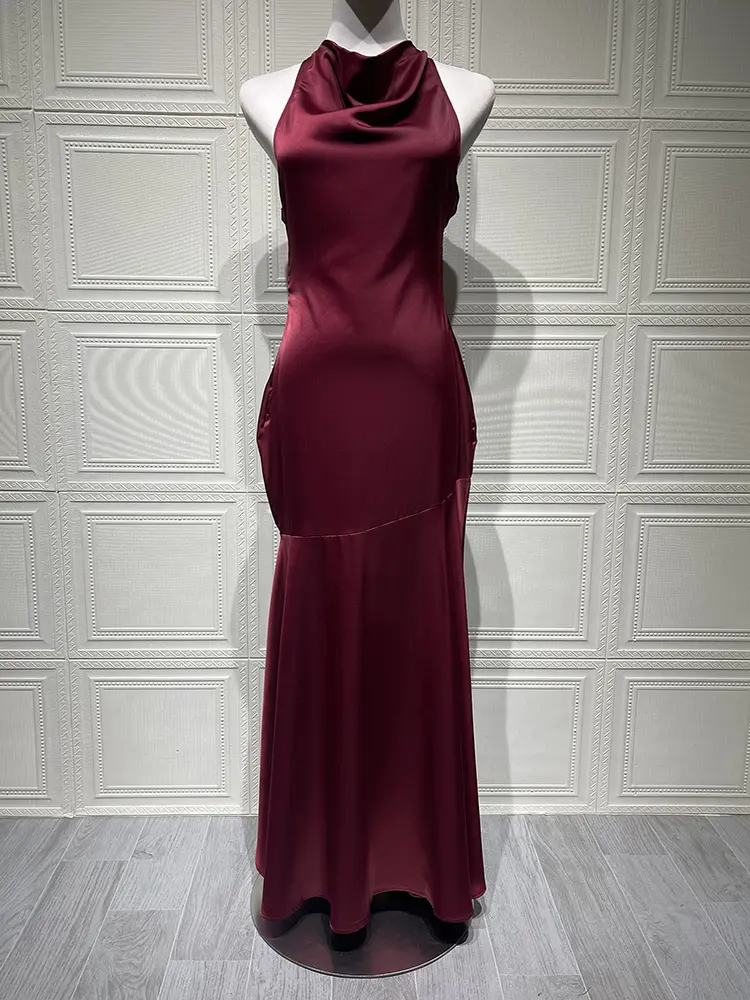 Mozision Satin Cowl Neck Sexy Maxi Dress Women Gown Fashion Elegant Sleeveless Backless Pleated Club Party Long Dress Female