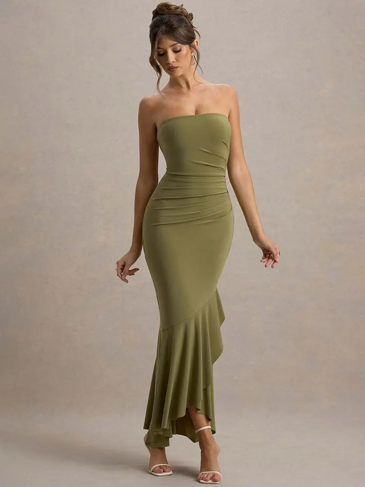 Mozision Off-shoulder Strapless Sexy Maxi Dress Women Fashion Elegant Sleeveless Backless Bodycon Pleated Club Party Long Dress
