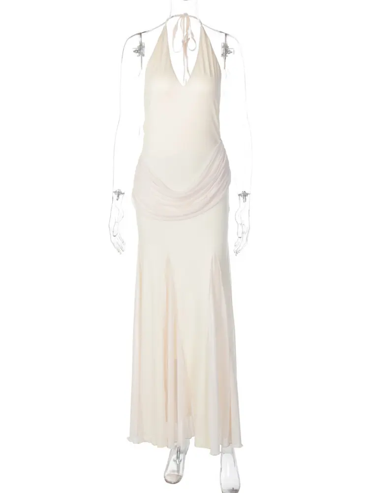 Mozision Halter V Neck Backless Sexy Maxi Dress Women Gown Fashion Sleeveless Ruched Bodycon Club Party Long Dresses Female