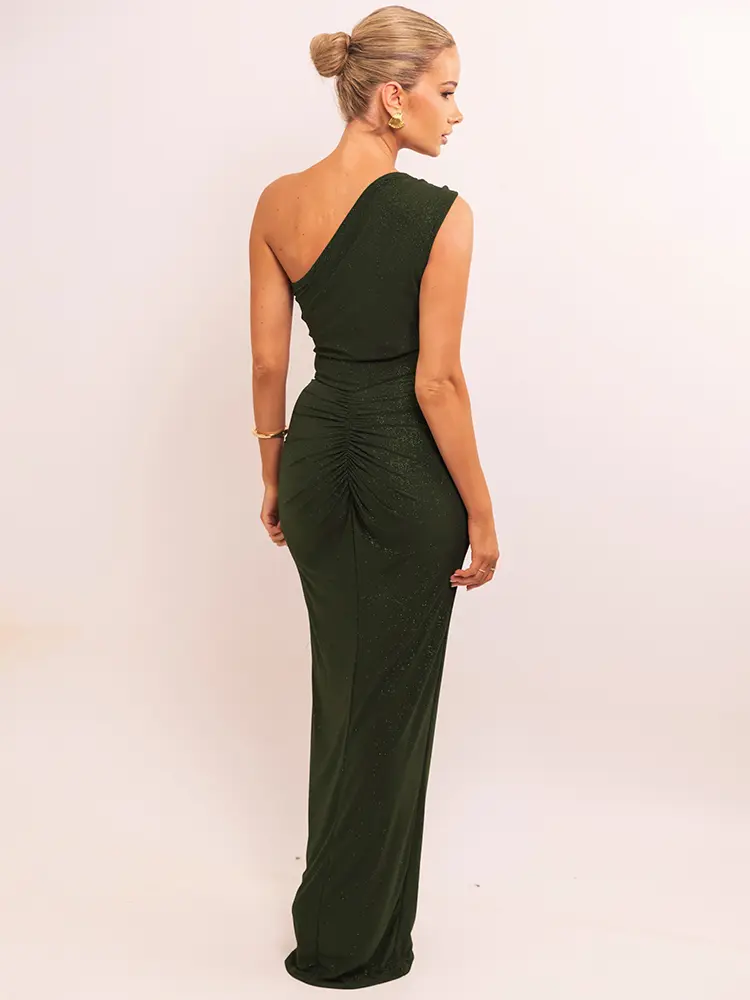 Mozision Inclined Shoulder Backless Sexy Maxi Dress Women Fashion Skew Collar Sleeveless Draped Ruched Club Party Long Dress