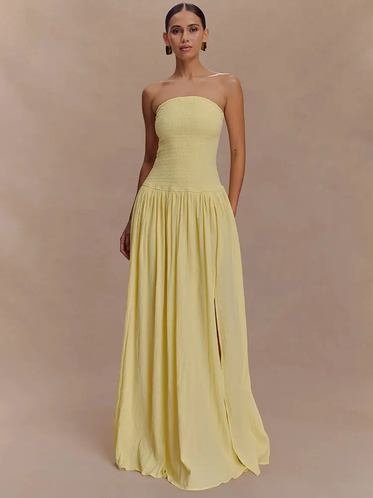 Mozision Off-shoulder Strapless Sexy Maxi Dress Women Elegant Sleeveless Backless Thigh High Split Pleated Club Party Long Dress