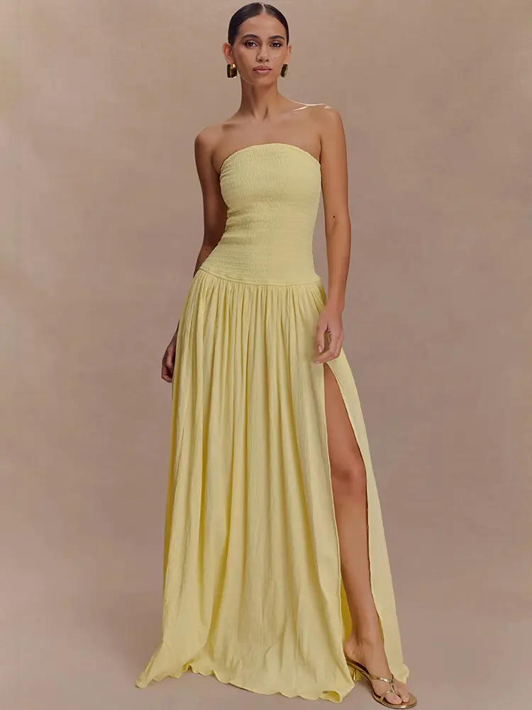 Mozision Off-shoulder Strapless Sexy Maxi Dress Women Elegant Sleeveless Backless Thigh High Split Pleated Club Party Long Dress