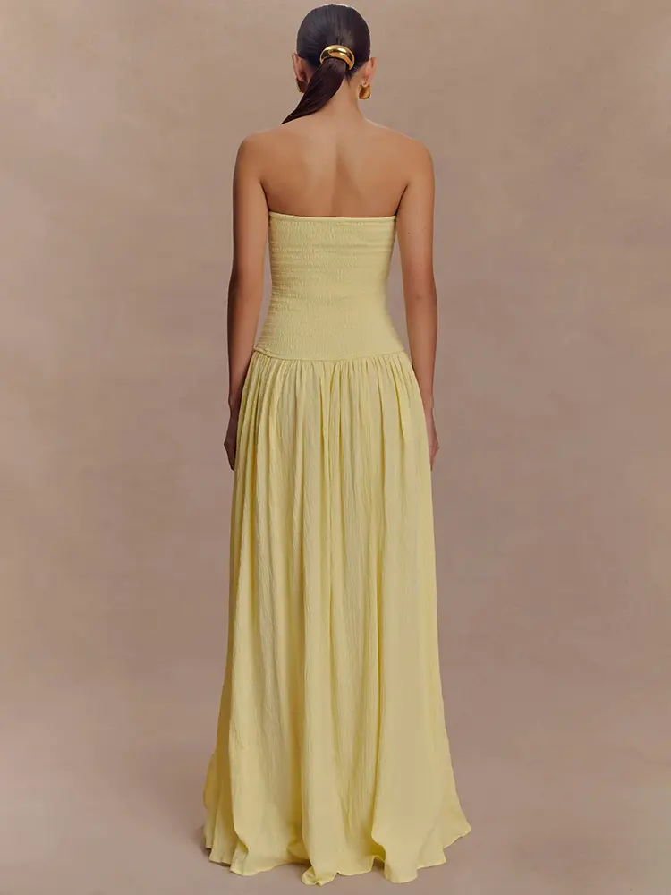 Mozision Off-shoulder Strapless Sexy Maxi Dress Women Elegant Sleeveless Backless Thigh High Split Pleated Club Party Long Dress