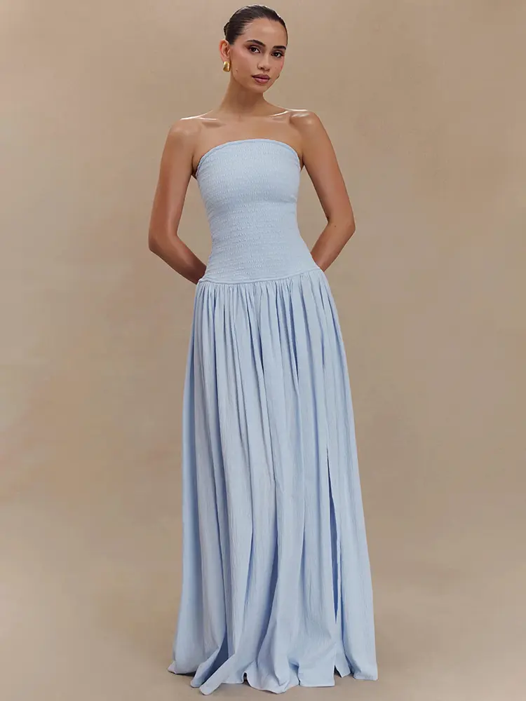 Mozision Off-shoulder Strapless Sexy Maxi Dress Women Elegant Sleeveless Backless Thigh High Split Pleated Club Party Long Dress