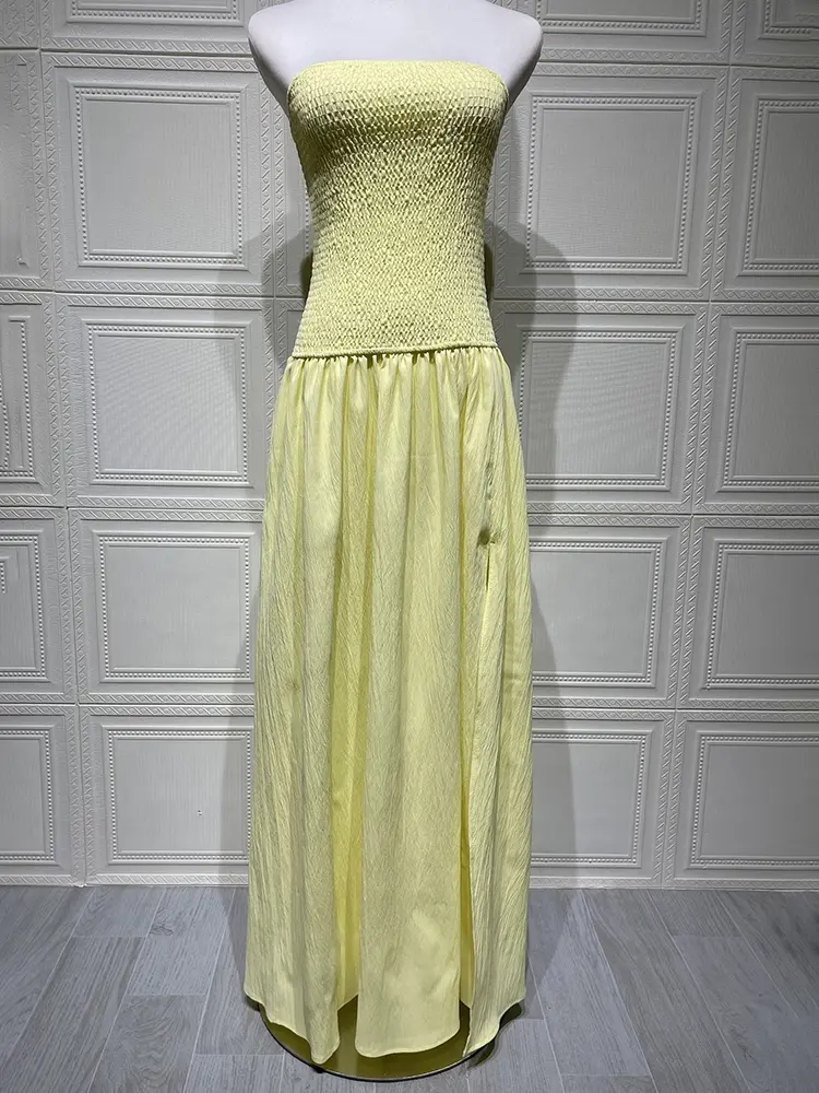 Mozision Off-shoulder Strapless Sexy Maxi Dress Women Elegant Sleeveless Backless Thigh High Split Pleated Club Party Long Dress