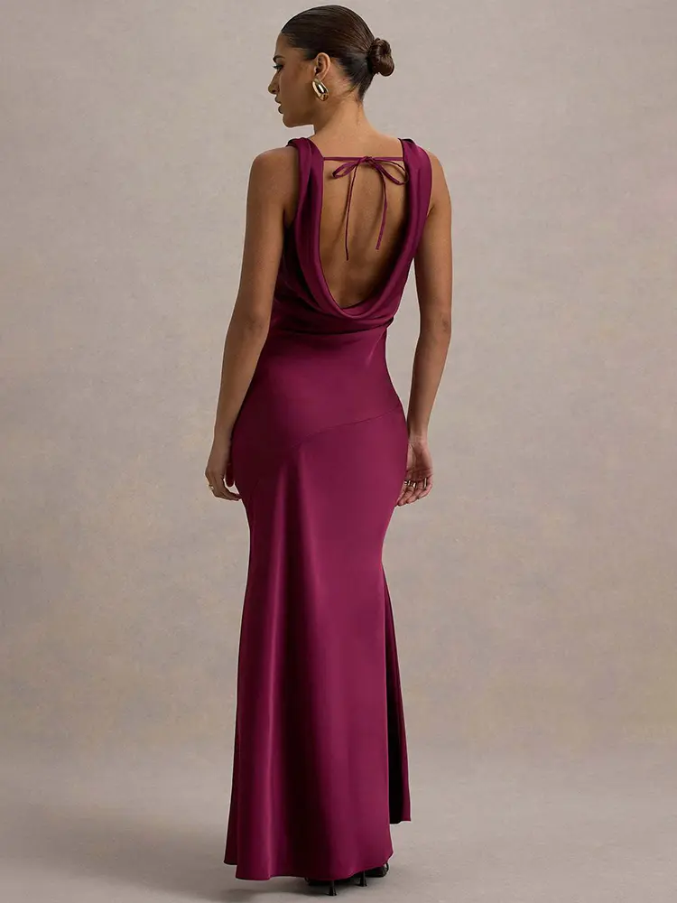 Mozision Satin Cowl Neck Backless Sexy Maxi Dress Women Gown Fashion Sleeveless Lace-up Bodycon Club Party Long Dress Female