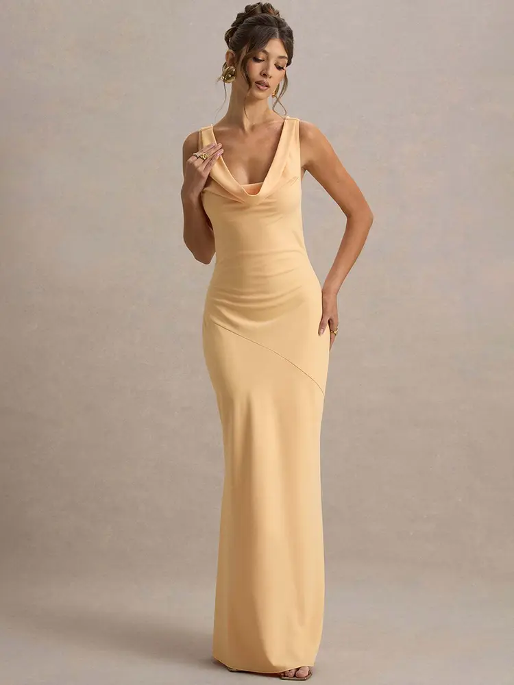 Mozision Satin Cowl Neck Backless Sexy Maxi Dress Women Gown Fashion Sleeveless Lace-up Bodycon Club Party Long Dress Female