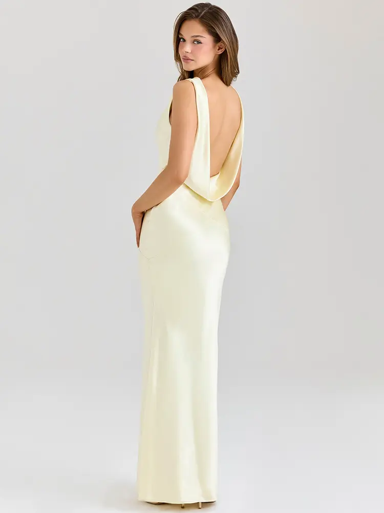 Mozision Satin Backless Draped Sexy Maxi Dress Women Fashion Cowl Neck Sleeveless High Waist Club Party Long Dress Female New