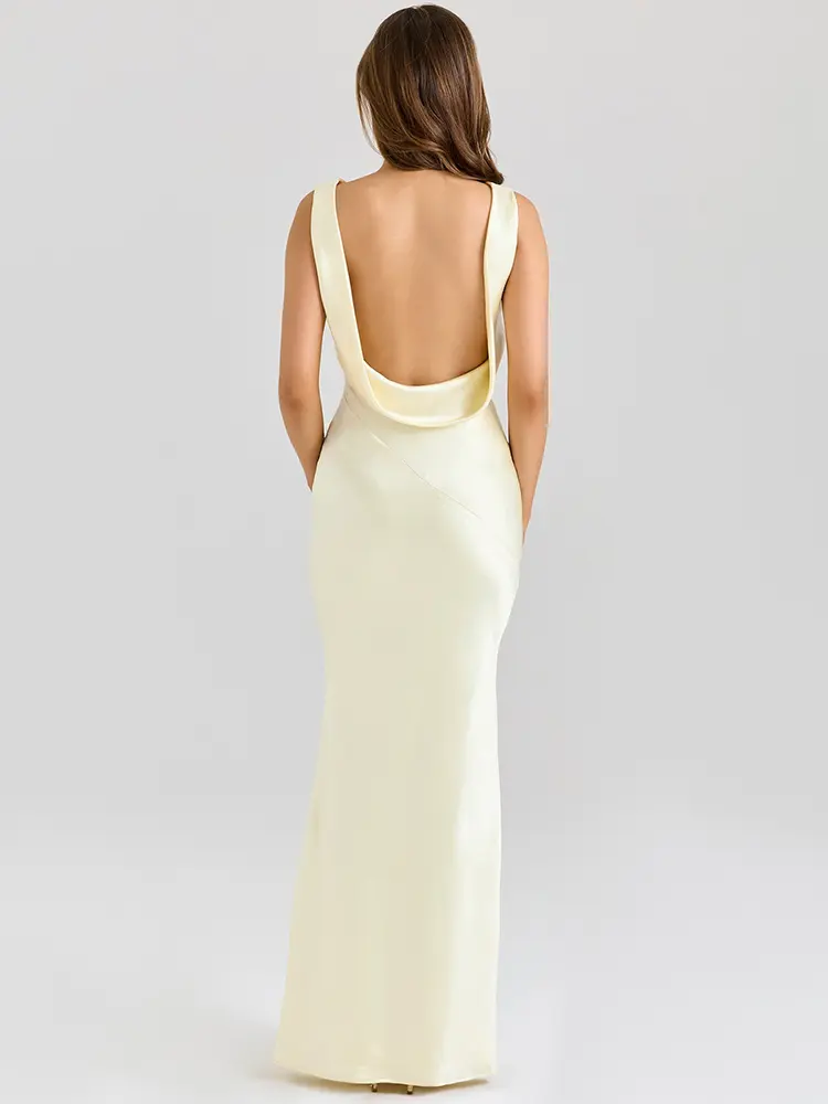 Mozision Satin Backless Draped Sexy Maxi Dress Women Fashion Cowl Neck Sleeveless High Waist Club Party Long Dress Female New