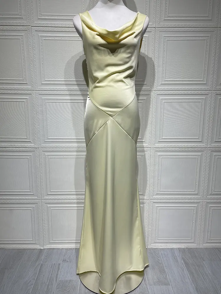 Mozision Satin Backless Draped Sexy Maxi Dress Women Fashion Cowl Neck Sleeveless High Waist Club Party Long Dress Female New