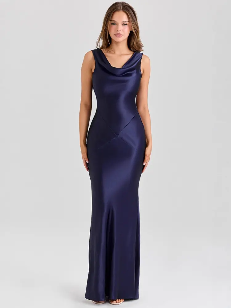 Mozision Satin Backless Draped Sexy Maxi Dress Women Fashion Cowl Neck Sleeveless High Waist Club Party Long Dress Female New