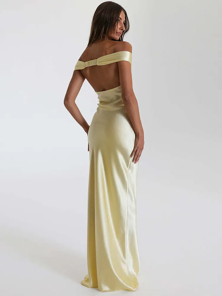 Mozision Satin Off-shoulder Backless Sexy Maxi Dress Women Gown Fashion Strapless Sleeveless High Waist Club Party Long Dresses