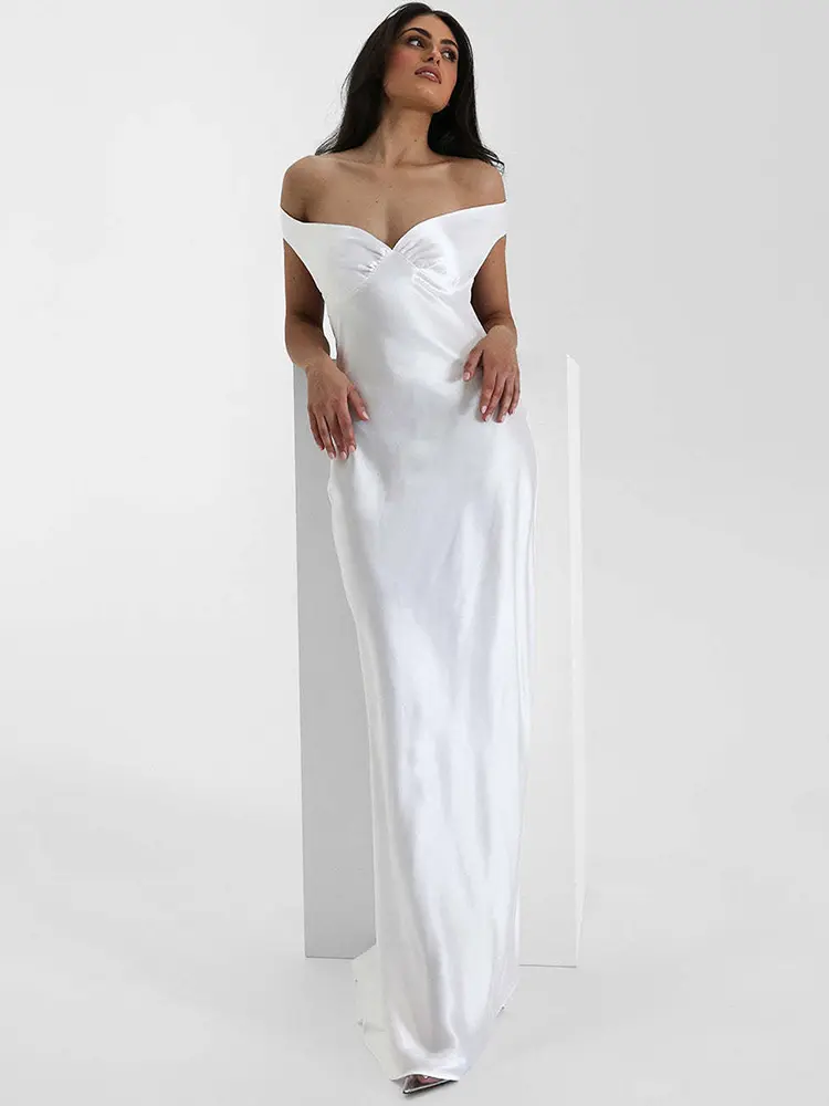 Mozision Satin Off-shoulder Backless Sexy Maxi Dress Women Gown Fashion Strapless Sleeveless High Waist Club Party Long Dresses